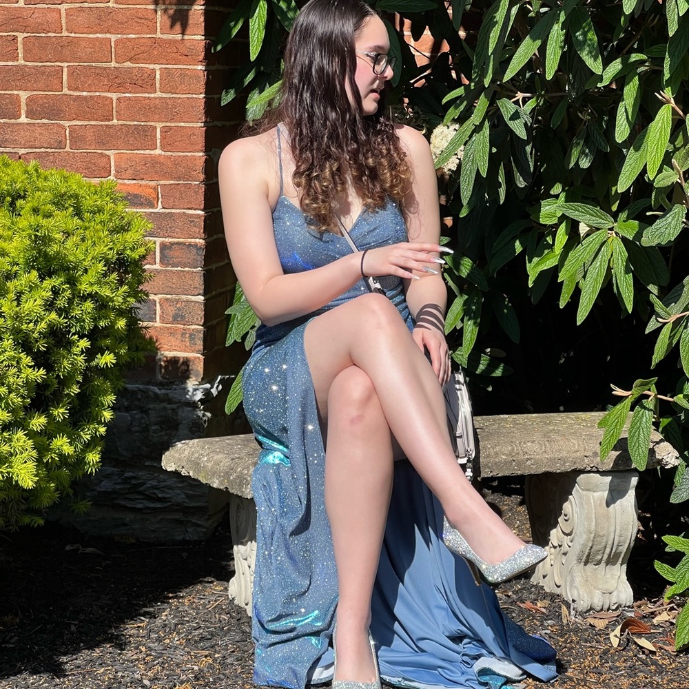 Corn flower blue homecoming dress with Mermaid shimmer, hues of shimmery lilac